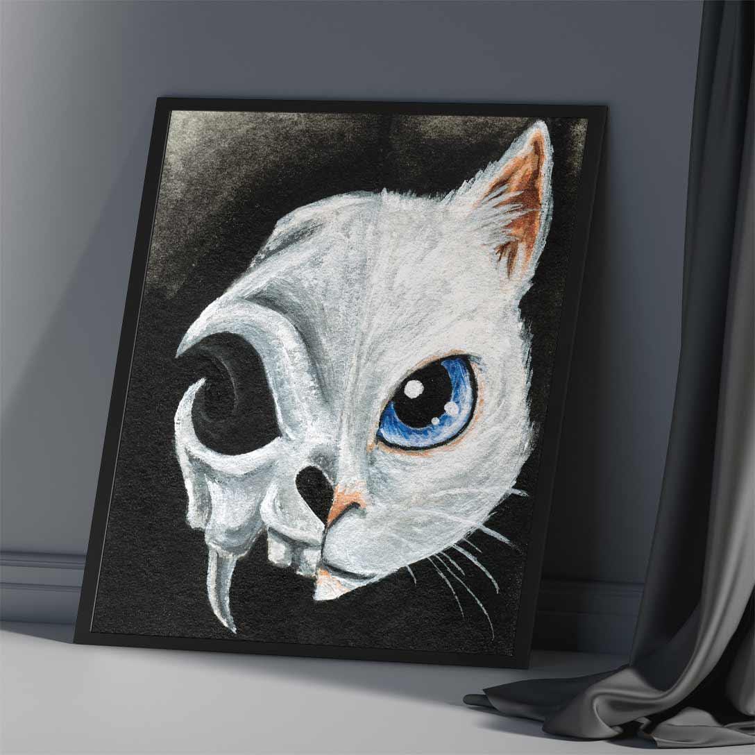 White Cat Skull, Goth Print, Animal Art, Taxidermy Decor, Skeleton