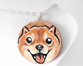Dog Painting, Shiba Inu, Hand Painted Pet Portrait, Wood Art - Necklace, Magnet or Keepsake