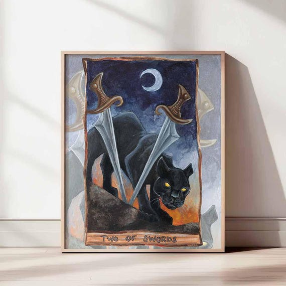 Black Panther Art, Tarot Print, Two of Swords Card, Crescent Moon
