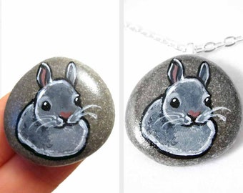 Gray rabbit portrait, rock art, bunny necklace, memorial gift for pet owner, animal pendant, sympathy present, beach stone, keepsake art