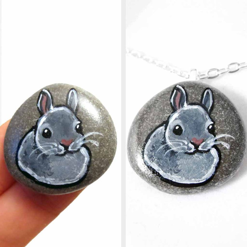 Gray Bunny Necklace, Dwarf Rabbit Pet Portrait, Sympathy Gift for Animal Lover, Pet Owner, Pet Loss, In Memory, Keepsake Gift, Rock Art image 1