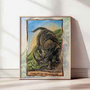 Estampado de rinoceronte, arte de la naturaleza, Caballero de Oros, decoración de vida silvestre para lectores de tarot y amantes de los animales.