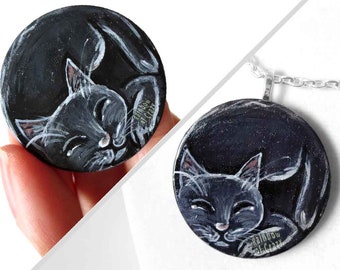 Black Cat Necklace, Pet Portrait, Cat Nap, Hand Painted, Circle Pendant, Wood Art, Sympathy Gift for Pet Owner, In Memory, Pet Loss