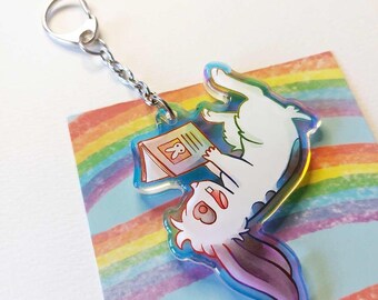 Rabbit Reading Keychain, Holographic  Acrylic Charm, Mini Lop Pet Owner, Book Lover Gift