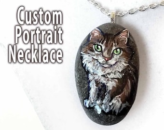 Custom Pet Necklace, Cat Portrait, Hand Painted Rock Art, Painting from Photo