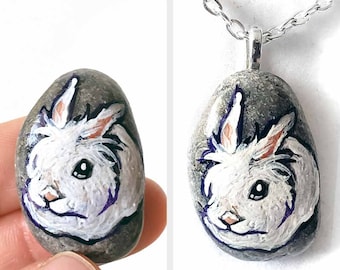 Lionhead Necklace, Bunny Painting, Rock Art, White Rabbit, Pet Memorial, Small Gift, Animal Pendant, Keepsake Stone