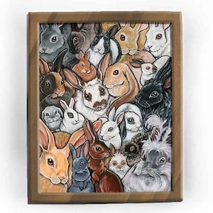 Rabbit breeds art, bunny collage print, animal lover gift, pet portrait, mini lop owner, memorial present for kids, rainbow bridge