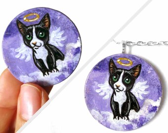 Tuxedo Cat Pendant, Circle Necklace, Wood Art, Pet Painting, Animal Portrait, Angel Keepsake, Sympathy Gift for Cat Owner, Pet Loss Present