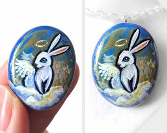 Rabbit Necklace, Pet Painting, White Rabbit, Angel Jewelry, Bunny Pendant, Animal Portrait, Memorial Gift, Hand Painted Pebble Art