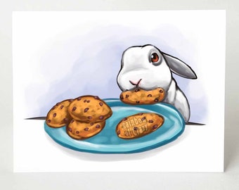 Rabbit Card, Cookie Thief, Happy Birthday, Cute Bunny Notecard for Pet Owner, Custom Message for Bakers, Animal Lovers, Blank Inside