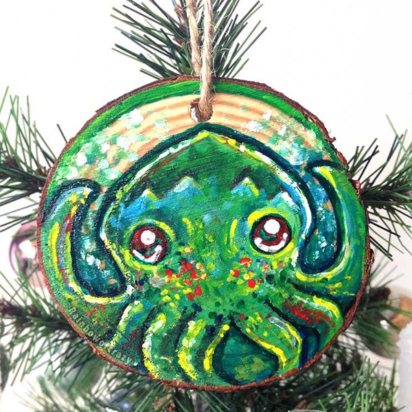 Cthulhu Art Christmas Ornament, Call of Cthulhu, Holiday Gift, Hand Painted Wood Slice, Christmas Tree Decor, Cthulhu Painting