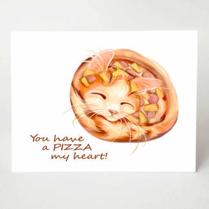 Carte de pizza, chat orange, Saint-Valentin, joyeux anniversaire, propriétaire d'animal de compagnie, message de jeu de mots, note amusante, pizza au jambon ananas, pizza hawaïenne