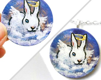 White Rabbit Necklace, Angel Pendant, Rainbow Bridge, Memorial Gift for Pet Owner, Bunny Lover, Keepsake Portrait, Sympathy Present