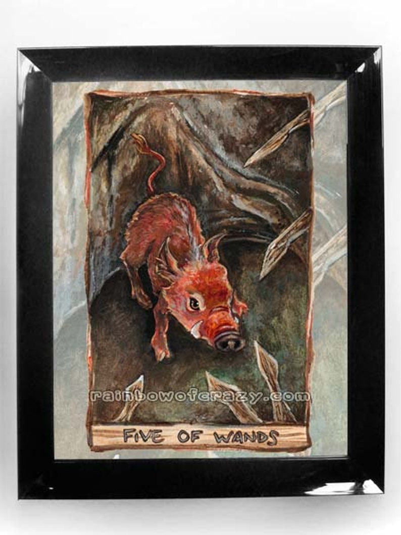 Wildlife Decor Pig Illustration Animism Tarot Gift Forest Animal Wall Art Five of Wands Tarot Card Wild Boar Print