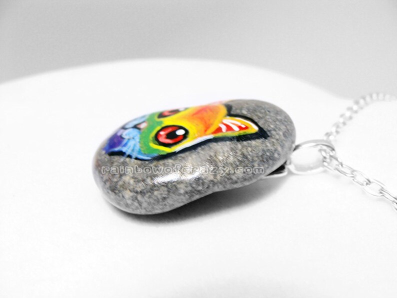 Stone Keepsake Pet Necklace Animal Jewelry Hand Painted Pebble Rainbow Cat Pendant Colorful Art Cat Owner Gift Original Painting