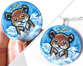 Hamster Necklace, Pet Memorial, Angel Keepsake Gift for Her, Hand Painted Wood Jewelry, Pet Portrait, Animal Painting, Blue Pendant