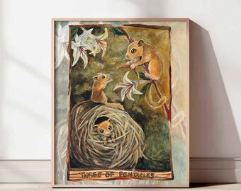 Dormouse Family Print, Three of Pentacles Tarot Art, Woodland Nature Decor