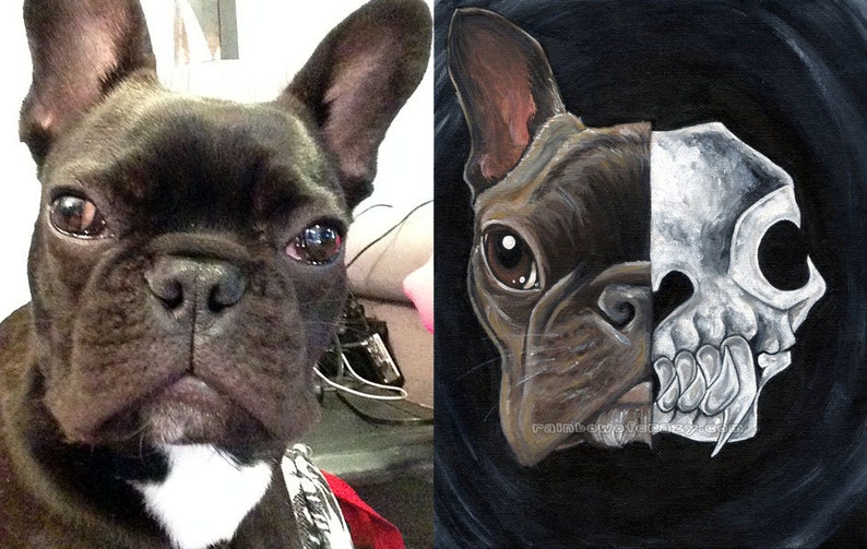 Skull Portrait, Custom Pet Painting, Skeleton Art, 5x7 Canvas, Sympathy Gift for Dog Owner, Cat Artwork, Gothic Decor, Life & Death image 3