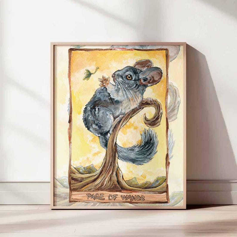 This art print features the Page of Wands tarot card from the Animism Tarot. A cute chinchilla stands on a curved tree, reaching a paw out to a leaf floating by.