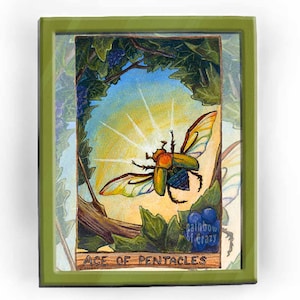 Art de scarabée, impression d'insecte, oeuvre d'art arc-en-ciel, carte d'as de pentacle, tarot animisme, cadeau animal pour diseuse de bonne aventure, amoureux de la nature