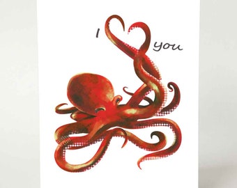 Cute Octopus Card, I Love You, Heart Card for Valentine’s Day, Anniversary, Birthday Card for Octopus Lover