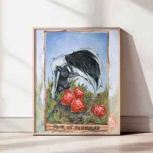 Arte de mofeta, lámina de fresa, decoración de cocina, cuatro de pentáculos, arte de pared para habitación infantil con temática de bosque, regalo para amantes de la comida, amante de los animales.