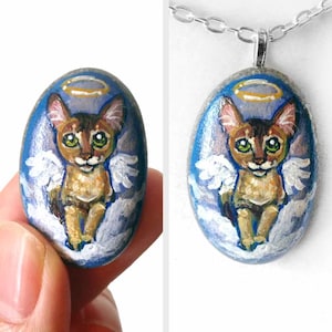 Cat Necklace, Fridge Magnet, Abyssinian Cat Angel Pendant, Pet Memorial, Cat Portrait, Sympathy Gift, Beach Stone, Painted Rock, Animal Art