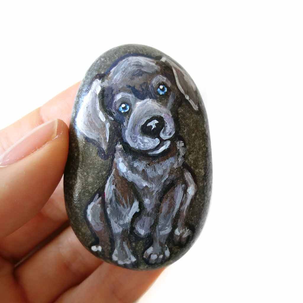 Dog portrait, labrador retriever, silver puppy, hand painted rock art, memorial gift for pet owner, animal lover, housewarming present