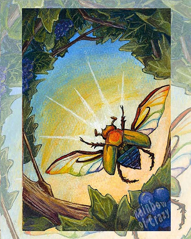May include: A colorful beetle with iridescent wings flies against a bright yellow and blue sky. The beetle is green, yellow, and orange with black legs. The beetle is flying above a branch with green leaves and purple berries. The text "rainbow of crazy" is visible in the lower right corner of the image.