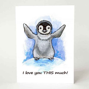 Carte bébé pingouin, je t'aime beaucoup, Saint Valentin, joyeux anniversaire, carte de voeux joyeux Noël, message personnalisé, amoureux des animaux