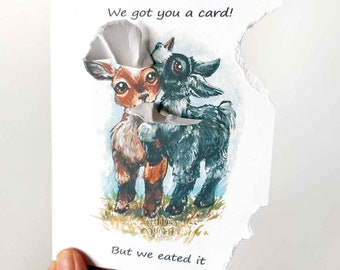 Funny Card, Cute Goat Art, Hungry Baby Goats, Thinking of You, Blank Greeting Card, Personalized Card, Custom Card, Happy Birthday Card