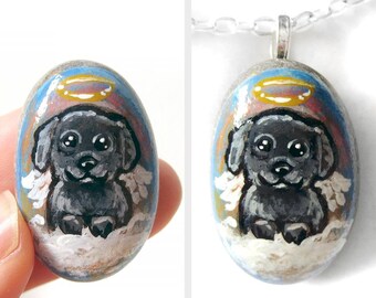 Shih Tzu Necklace, Dog Painting, Black Dog, Hand Painted Rock Art, Pebble Pendant, Angel Jewelry, Shihtzu Owner, Rainbow Bridge, Pet Loss