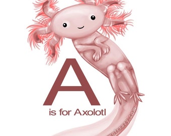 Custom Name: A is for Axolotl Art, Alphabet Letter Print, Nursery Decor, Childrens Wall Art, Gift for Kids, Pink and White