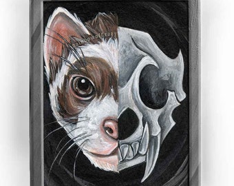 Ferret Art, Skull Print, Pet Portrait, Taxidermy Animal Skeleton, Gothic Decor, Custom Size, Goth Wall Art, Memorial Gift, Death of Pet