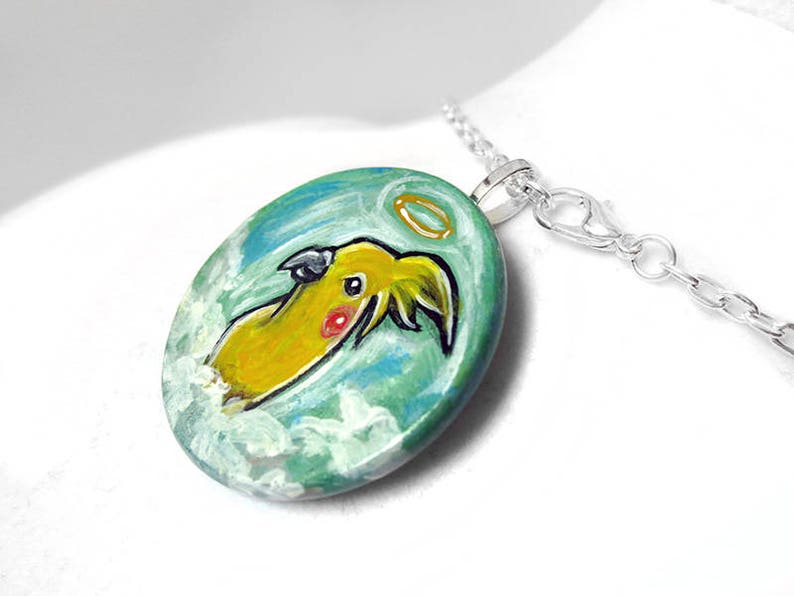 Hand Painted Wood Pendant Pet Memorial Angel Art Yellow Bird Jewelry Cockatiel Necklace Pet Loss Animal Lover Keepsake Gift for Her