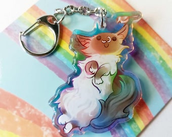 Cat Loves Bird Keychain, Ragdoll Acrylic Holographic Charm, Black Capped Chickadee Art