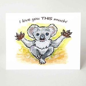 Tarjeta de oso koala, arte animal del zoológico, te quiero mucho, feliz aniversario, día de San Valentín, día de la madre, mensaje personalizado para niños, gran abrazo