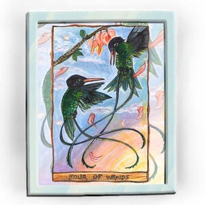 Impression de colibri, art d'oiseau, oeuvre d'art de nature, portrait de lever de soleil, amoureux des animaux, carte de quatre baguettes, tarot d'animisme, décor de faune