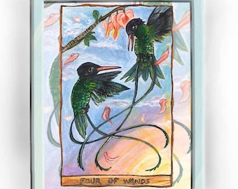 Hummingbird art, bird print, nature gift for tarot reader, four of wands, animism deck, sunrise artwork, animal portrait, garden present