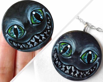 Cheshire Cat Necklace, Spooky Art, Alice in Wonderland, Gothic Horror, Hand Painted Wood Art, Smile Pendant, Witchy Gift