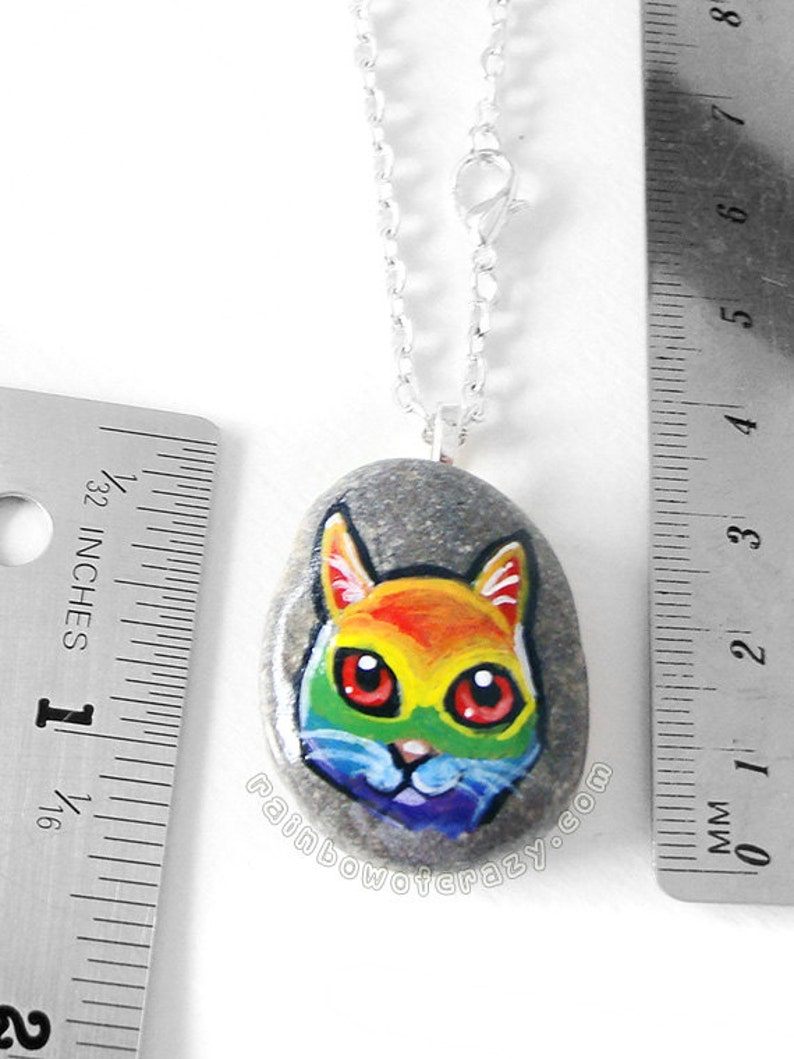 Stone Keepsake Pet Necklace Animal Jewelry Hand Painted Pebble Rainbow Cat Pendant Colorful Art Cat Owner Gift Original Painting