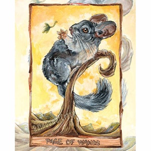 May include: A gray chinchilla sits on a branch reaching for a green leaf. The background is a yellow sunset with mountains in the distance. The card reads "Page of Wands".