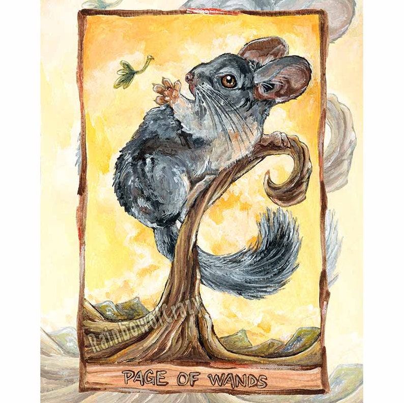 May include: A gray chinchilla sits on a branch reaching for a green leaf. The background is a yellow sunset with mountains in the distance. The card reads "Page of Wands".