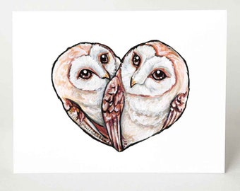 Barn Owl Card, Heart Greeting, Bird Notecard for Animal Lover, Congrats Engagement, I Love You, Custom Message, Blank Card