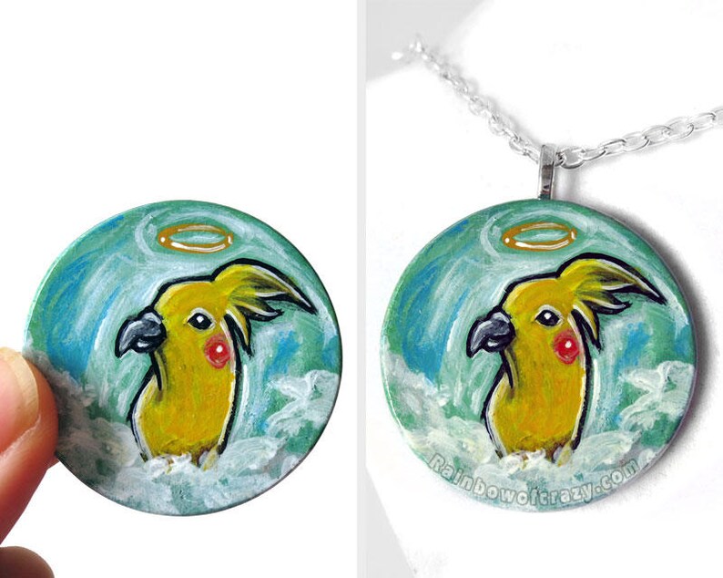 Hand Painted Wood Pendant Pet Memorial Angel Art Yellow Bird Jewelry Cockatiel Necklace Pet Loss Animal Lover Keepsake Gift for Her
