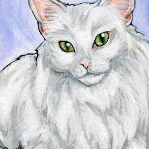 May include: A painting of a white cat with green eyes and pink ears. The cat has fluffy white fur and is set against a light purple background. The artwork is signed "Rainbow of Crazy" in the bottom right corner.