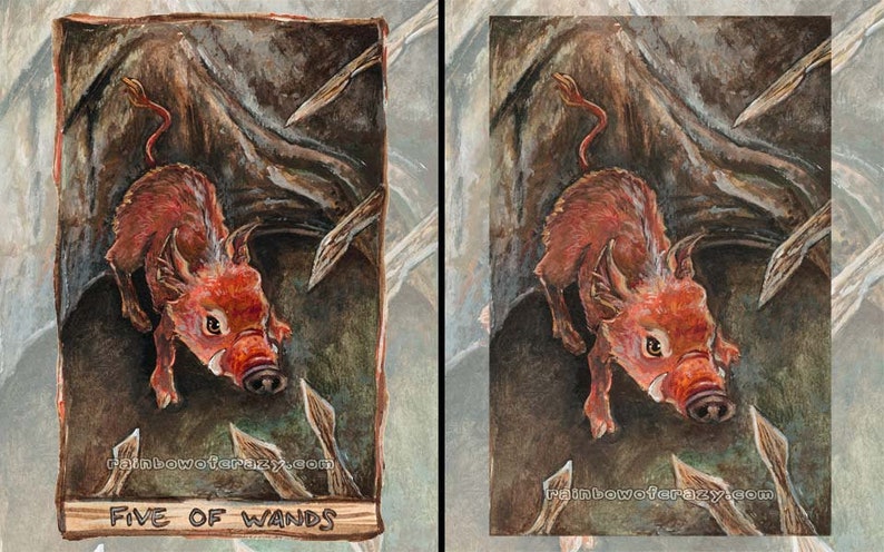 Wildlife Decor Pig Illustration Animism Tarot Gift Forest Animal Wall Art Five of Wands Tarot Card Wild Boar Print