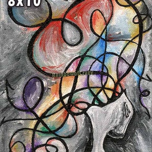 Op de afbeelding: Abstract schilderij op canvas met zwarte lijnen en kleurrijke swirls. Het schilderij is 8x10 inch en heeft een grijze achtergrond.
