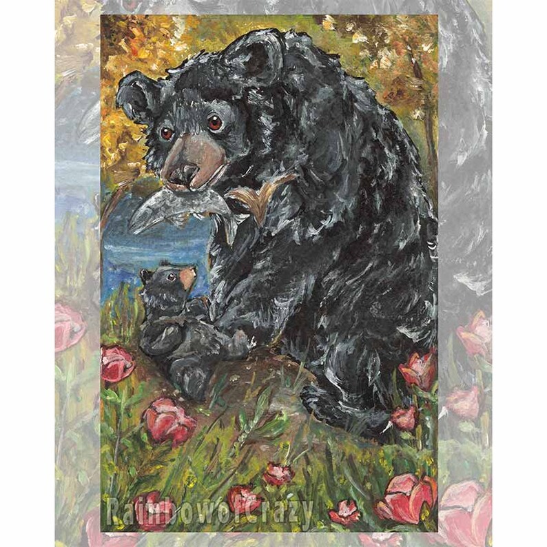 Black Bear Print, Wine Cup Flower Art, Nine of Cups Card, Animism Tarot Deck, Family Portrait, Mom & Baby, Tarot Reader Gift, Wildlife Decor No Tarot Border