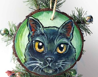 Black Cat Ornament, Christmas Tree Decoration, Animal Portrait, Memorial Gift for Pet Owners, Holiday Keepsake, Wood Art, Rustic Painting